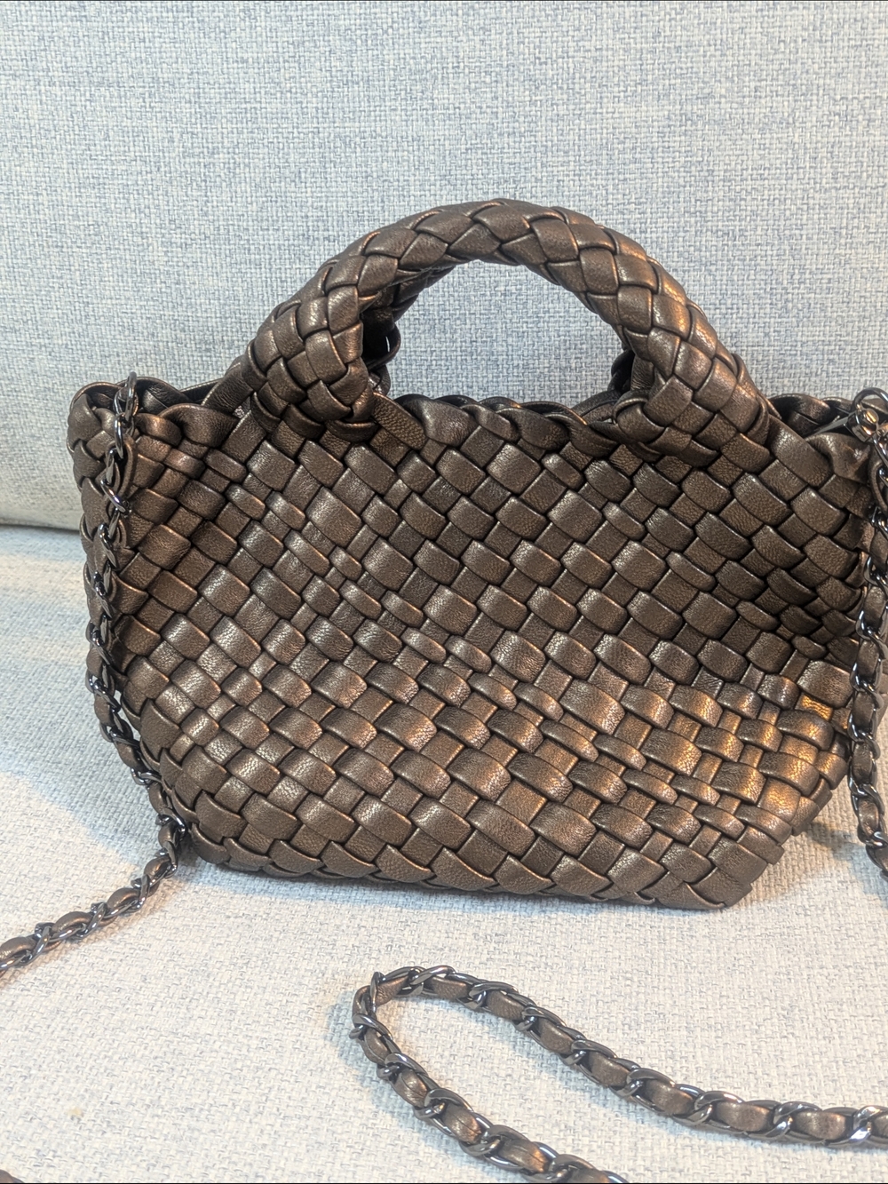 Metallic Brown Woven Mini Chain Strap Braided Handle Handbag - Picture 3 of 12